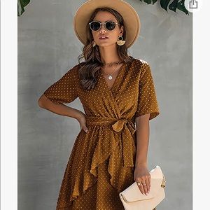 Faux Wrap Swiss Dot V-Neck A-Line Dress